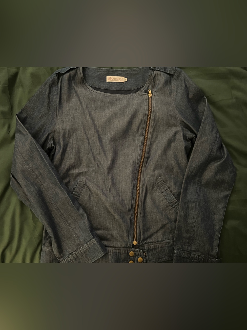 Tallgirls collarless dark denim jacket, full zip-front 2 front pockets sz 14